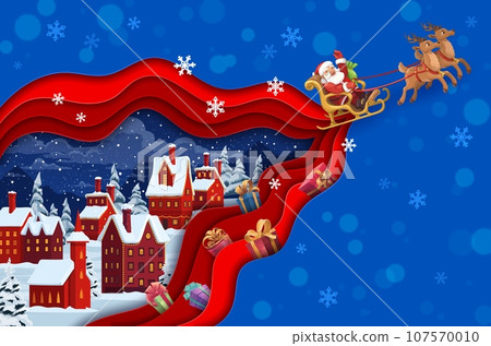 Christmas paper cut banner with Santa sleigh and winter snowy town landscape. Winter holiday, Christmas celebration 3d wallpaper, background or paper cut vector backdrop with Santa flying over city Christmas paper cut banner with Santa sleigh and winter snowy town landscape. Winter holiday, Christmas celebration 3d wallpaper, background or paper cut vector backdrop with Santa flying over city 107570010