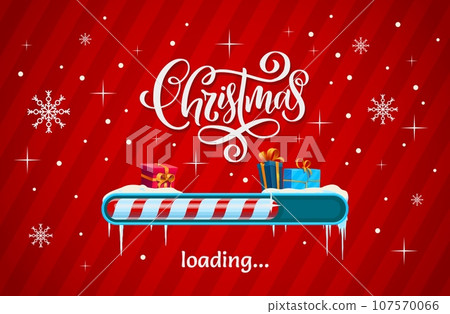 Christmas loading bar with candy cane slider, gifts on snow and lettering. Vector Xmas load countdown indication with sense of winter holiday anticipation on red background with falling snowflakes 107570066