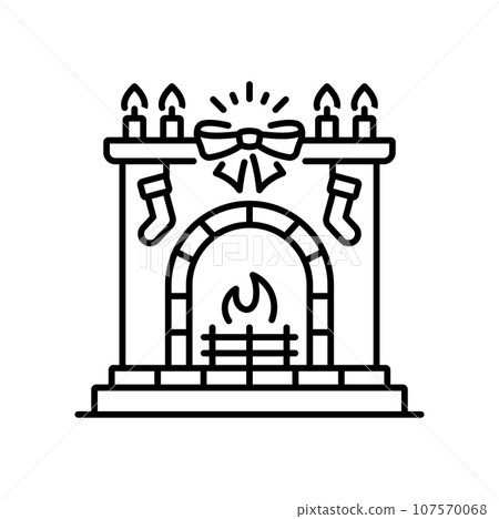 Fireplace Christmas line icon. New Year celebration thin line symbol, Xmas festive or winter season Christmas holiday outline vector icon or pictogram with fireplace decorated candles, socks stockings 107570068