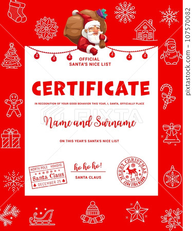 Christmas Santa certificate. Winter holiday celebration party vector certificate or diploma, Christmas coupon or voucher vertical template with cartoon Santa Claus character, Xmas outline symbols Christmas Santa certificate. Winter holiday celebration party vector certificate or diploma, Christmas coupon or voucher vertical template with cartoon Santa Claus character, Xmas outline symbols 107570082