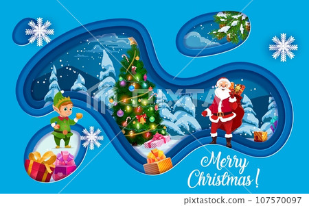 Christmas paper cut winter forest with holiday pine and Santa with presents bag. Vector double exposition Xmas tree, festive lights, balls and gift boxes, cartoon Santa Claus and elf characters Christmas paper cut winter forest with holiday pine and Santa with presents bag. Vector double exposition Xmas tree, festive lights, balls and gift boxes, cartoon Santa Claus and elf characters 107570097
