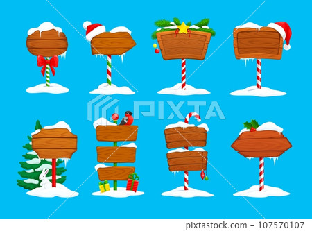 Christmas cartoon wooden signs. North pole and holiday sign boards. Vector xmas set road pointers with santa claus hats, candy canes, bullfinch and fir branches. New year holiday game wood banners 107570107