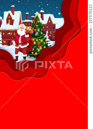 Christmas paper cut greeting card with Santa in winter town. Vector xmas poster, cover or greeting card template with 3d layered effect. Vertical red blank banner with funny Father Noel carry presents Christmas paper cut greeting card with Santa in winter town. Vector xmas poster, cover or greeting card template with 3d layered effect. Vertical red blank banner with funny Father Noel carry presents 107570121