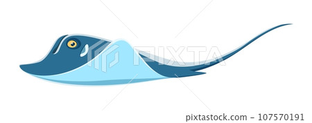 Stingray character, isolated cartoon vector graceful and majestic sea animal with flat body and long, whip-like tail armed with a venomous stinger for defense. Capturing prey with stealth and agility Stingray character, isolated cartoon vector graceful and majestic sea animal with flat body and long, whip-like tail armed with a venomous stinger for defense. Capturing prey with stealth and agility 107570191