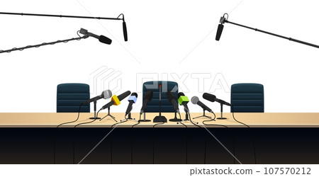 Microphones and press conference interview table with chair, vector media event. Cartoon press conference or news room with journalist mics for interview, speaker report or politics debate Microphones and press conference interview table with chair, vector media event. Cartoon press conference or news room with journalist mics for interview, speaker report or politics debate 107570212