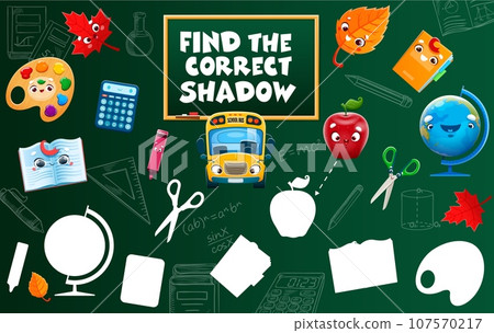 Find a correct shadow of cartoon school stationery characters vector worksheet. Kids game puzzle with cute school supplies personages on blackboard background. Funny book, paint, globe matching quiz Find a correct shadow of cartoon school stationery characters vector worksheet. Kids game puzzle with cute school supplies personages on blackboard background. Funny book, paint, globe matching quiz 107570217