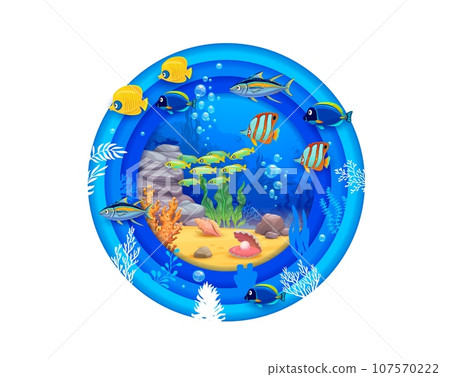 Tropical seashell and fish shoals. Sea paper cut underwater landscape in vector round frame with 3d papercut layers, ocean water waves, coral reef bottom, seaweeds and bubbles, sand seabed and rocks 107570222