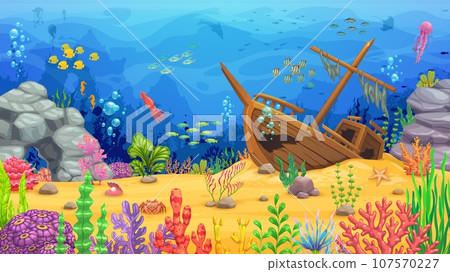 Sunken ship, fish shoals and seaweeds underwater landscape. Cartoon coral reef sand bottom vector background with sea water waves, dolphin, squids and jellyfish, starfish, seahorse and seashell 107570227