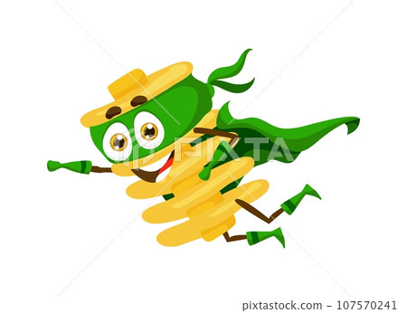 Cartoon radiatori italian pasta food superhero character. Isolated vector Pastaman, whimsical super hero personage wear cape and mask, fighting food-related crimes with his noodle-powered abilities 107570241