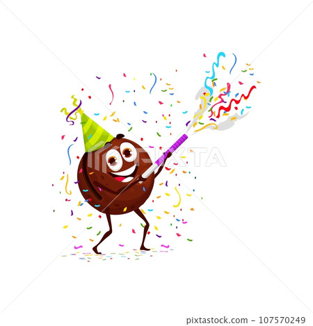 Cartoon macadamia nut character on holiday and birthday. Isolated vector cheerful grain adorned in a party hat, joyfully shooting confetti from a popper, excudes fun and festive celebration vibes Cartoon macadamia nut character on holiday and birthday. Isolated vector cheerful grain adorned in a party hat, joyfully shooting confetti from a popper, excudes fun and festive celebration vibes 107570249
