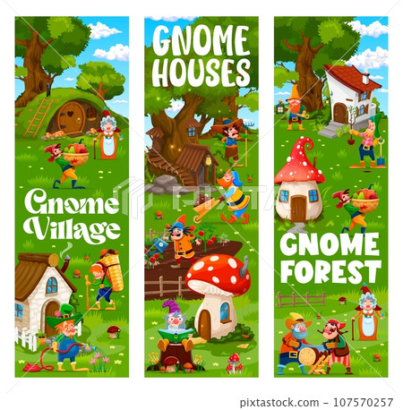 Cartoon gnome and elf characters at fairytale village. Vertical banners or vector posters with fairy creature houses and dwellings, funny gnomes or hobbits personages working on farm and garden 107570257