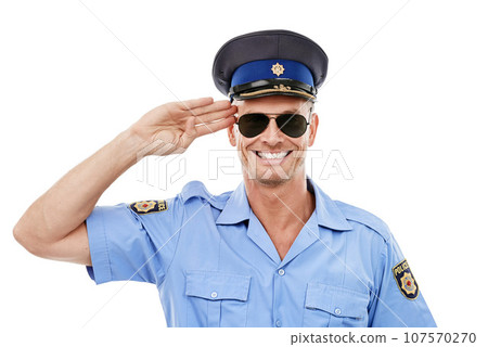 Security, salute and face of police smile on white background for authority, public safety and service. Community justice, law enforcement and isolated portrait of policeman, traffic cop and guard Security, salute and face of police smile on white background for authority, public safety and service. Community justice, law enforcement and isolated portrait of policeman, traffic cop and guard 107570270