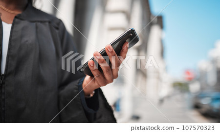 Hand, judge at court and phone to contact a lawyer, client or online communication of legal advice on mobile app. Justice, black woman and smartphone for research, information or consulting law 107570323