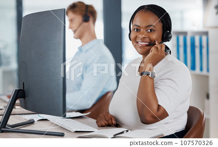 Sales, support and customer service call center consultant smiling while consulting with online clients in office. Contact us with happy agent enjoying job in telesales, excited about good service Sales, support and customer service call center consultant smiling while consulting with online clients in office. Contact us with happy agent enjoying job in telesales, excited about good service 107570326
