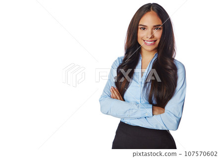 Isolated, business and portrait of woman with mockup in white background studio for management, leader and fashion. Happy, smile and confident with Brazilian girl and arms crossed for formal and cute 107570602