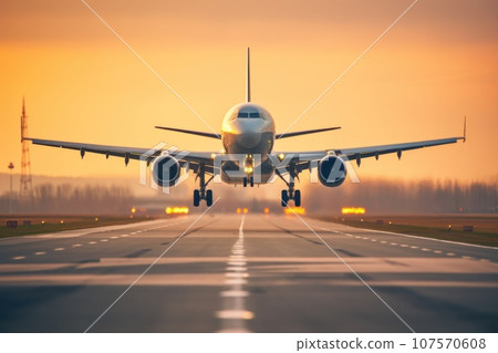 Commercial plane flying over the runway while with blurred background Commercial plane flying over the runway while with blurred background 107570608