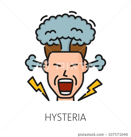 Hysteria psychological disorder problem, mental health. Isolated vector thin line icon with person express unexplained physical symptoms and emotional distress. Human head with smoke and flash bolts 107571040