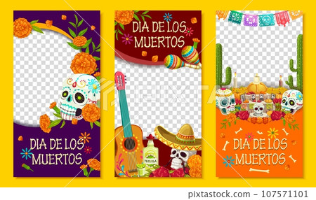 Mexican dia de los muertos holiday social media template banners, day of the death. Vector frames with sugar skull, marigolds , guitar and sombrero hat. Tequila, maracas, altar and papel picado flags 107571101