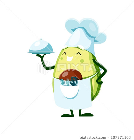 Cartoon avocado chef character with tray, ready to serve up delicious meals with a smile. Isolated vector vegetable personage wear toque and apron perform tasty restaurant dishes and culinary flair Cartoon avocado chef character with tray, ready to serve up delicious meals with a smile. Isolated vector vegetable personage wear toque and apron perform tasty restaurant dishes and culinary flair 107571103