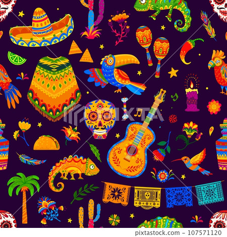 Mexican holiday and festival objects seamless pattern. Vector background with cartoon sombrero hat, maracas, guitar and hummingbird, guitar, toucan, chameleon and flowers in ethnic alebrije style 107571120
