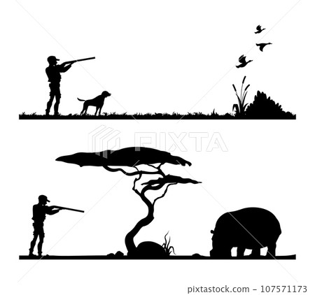 Hunting sport silhouette. Duck shooting season, bird hunting hobby or forest hunt trophy vector background, African safari adventure scene with hunter, pointer dog and hippopotamus in savannah 107571173