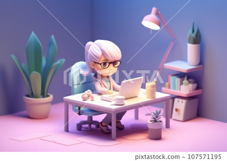 A business girl working with laptop on desk 3D Tiny cute isometric Generative AI 107571195