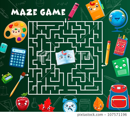 Labyrinth maze game. Help to cartoon school stationery characters find a friend. Kids puzzle vector worksheet of square maze with funny personages of pencil, book, paint and brush, notebook, backpack 107571196