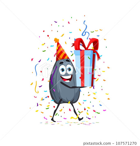 Cartoon sunflower seed character wearing a festive hat and holding a gift at a lively holiday and birthday party. Isolated vector cheerful healthy snack personage celebrating its anniversary with fun Cartoon sunflower seed character wearing a festive hat and holding a gift at a lively holiday and birthday party. Isolated vector cheerful healthy snack personage celebrating its anniversary with fun 107571270