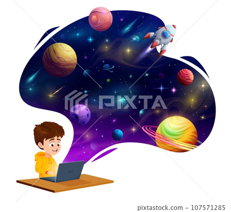 Cartoon child boy with laptop dreaming about galaxy flight and space discovery, universe, planets, rocket, stars and asteroids on starry sky vector background. Education and computer technologies Cartoon child boy with laptop dreaming about galaxy flight and space discovery, universe, planets, rocket, stars and asteroids on starry sky vector background. Education and computer technologies 107571285