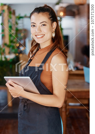 Restaurant, tablet and portrait of woman or small business owner, e commerce and cafe or coffee shop management. Happy waitress or young person with sales, profit and digital technology for startup Restaurant, tablet and portrait of woman or small business owner, e commerce and cafe or coffee shop management. Happy waitress or young person with sales, profit and digital technology for startup 107571300
