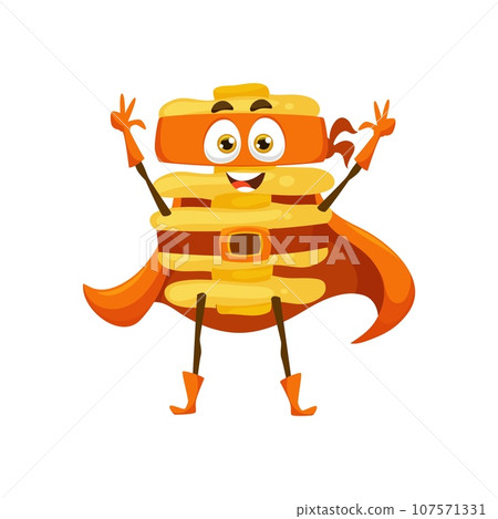 Cartoon radiatori italian pasta food superhero character. Isolated vector zany super hero noodle personage with colorful orange mask and cape, waving hands, ready to save the day with cheesy powers 107571331
