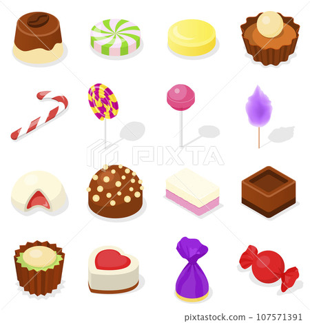 Candy icon set. Isometric set of candy vector icons for web design isolated on white background Candy icon set. Isometric set of candy vector icons for web design isolated on white background 107571391