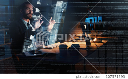 Corporate man with futuristic hologram analytics for work planning and strategy for success of business. Overlay of businessman or person with digital tech or technology innovation for company future Corporate man with futuristic hologram analytics for work planning and strategy for success of business. Overlay of businessman or person with digital tech or technology innovation for company future 107571393