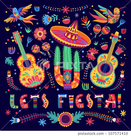 Mexican fiesta party banner with cartoon sombrero hat, maracas, guitar and hummingbirds, guitars and tropical flowers in ethnic alebrije style. Vector background with traditional symbols of Mexico Mexican fiesta party banner with cartoon sombrero hat, maracas, guitar and hummingbirds, guitars and tropical flowers in ethnic alebrije style. Vector background with traditional symbols of Mexico 107571410