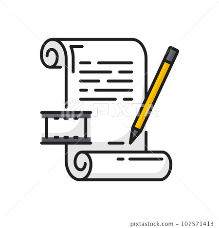Film scenario, video production icon. Video script, movie screenplay or filmmaking review thin line vector symbol. Cinema industry simple pictogram or sign with paper document, pencil and film strip 107571413