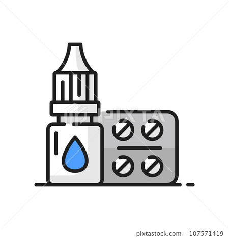 Allergy or disease treatment medicines color line icon. Allergy, respiratory disease or virus infection treatment, medicines and drugs intolerance outline vector symbol with nasal drops, pills blister 107571419