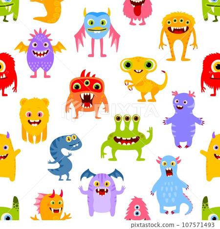 Cartoon funny monster characters seamless pattern. Halloween beasts fabric print wallpaper. Wrapping paper, textile vector print with silly dinosaur, creepy bat and snake, fluffy demon personages Cartoon funny monster characters seamless pattern. Halloween beasts fabric print wallpaper. Wrapping paper, textile vector print with silly dinosaur, creepy bat and snake, fluffy demon personages 107571493