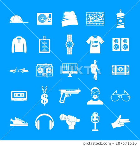 Hiphop rap swag music dance icons set. Simple illustration of 16 hiphop rap swag music dance vector icons for web Hiphop rap swag music dance icons set. Simple illustration of 16 hiphop rap swag music dance vector icons for web 107571510