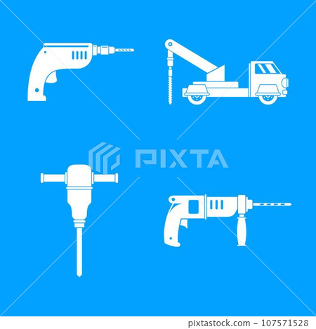 Drilling machine rig electric icons set. Simple illustration of 4 drilling machine rig electric vector icons for web Drilling machine rig electric icons set. Simple illustration of 4 drilling machine rig electric vector icons for web 107571528