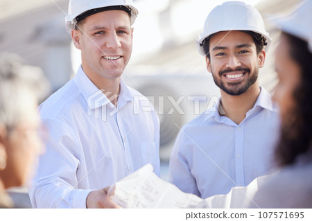 Portrait, construction site or engineering people with blueprint for development project planning. Teamwork, architecture or group collaboration of happy designers talking with building floor plan Portrait, construction site or engineering people with blueprint for development project planning. Teamwork, architecture or group collaboration of happy designers talking with building floor plan 107571695