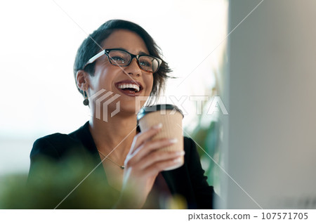 Happy woman, coffee and reading on computer for creative vision, planning online and news or excited for results in office. Inspiration, ideas and laughing business person with drink and desktop pc 107571705