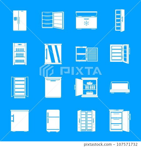 Freezer fridge frozen ice icons set. Simple illustration of 16 freezer fridge frozen ice vector icons for web Freezer fridge frozen ice icons set. Simple illustration of 16 freezer fridge frozen ice vector icons for web 107571732