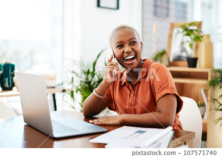 Phone call, happy and business black woman with laptop for contact, connection and network. Corporate office, communication and female worker laugh on smartphone for conversation, discussion and chat 107571740
