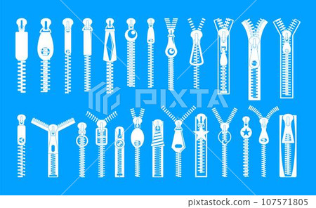 Zipper puller lock icons set. Simple illustration of 32 zipper puller button lock vector icons for web Zipper puller lock icons set. Simple illustration of 32 zipper puller button lock vector icons for web 107571805
