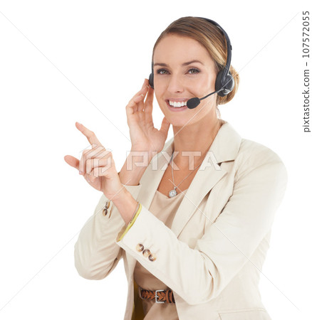 Call center, pointing and portrait of woman in studio for communication, contact us or customer service. Digital, technology or connection with female employee isolated on white background for mockup Call center, pointing and portrait of woman in studio for communication, contact us or customer service. Digital, technology or connection with female employee isolated on white background for mockup 107572055