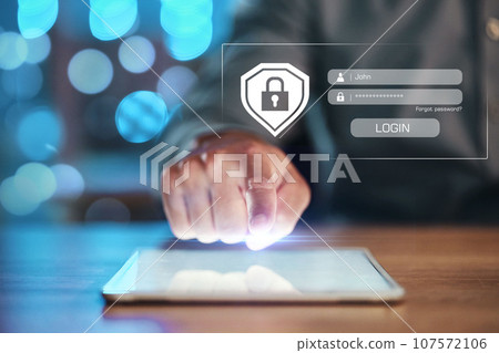 Security, login and hand on tablet for password with hologram of safety lock for network, information or data protection. Person with technology for privacy, cybersecurity or gdpr and global shield Security, login and hand on tablet for password with hologram of safety lock for network, information or data protection. Person with technology for privacy, cybersecurity or gdpr and global shield 107572106