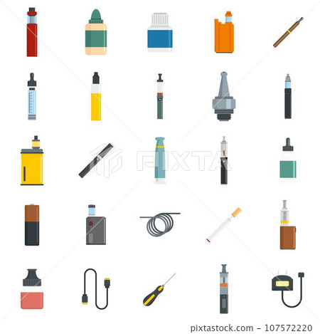 Electronic cigarette mod cig smoke icons set. Flat illustration of 25 electronic cigarette mod cig smoke vector icons for web 107572220