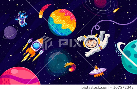 Cartoon kid astronaut, alien, ufo and rocket spaceship at starry galaxy landscape. Vector baby boy spaceman travel in outer space. Funny cosmonaut float in weightlessness in fantasy celestial world 107572342