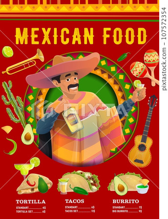 Mexican cuisine menu poster. Vector restaurant promo banner with mariachi male character holding tequila bottle and glass with lime on background with tortilla, tacos and burritos price list Mexican cuisine menu poster. Vector restaurant promo banner with mariachi male character holding tequila bottle and glass with lime on background with tortilla, tacos and burritos price list 107572354