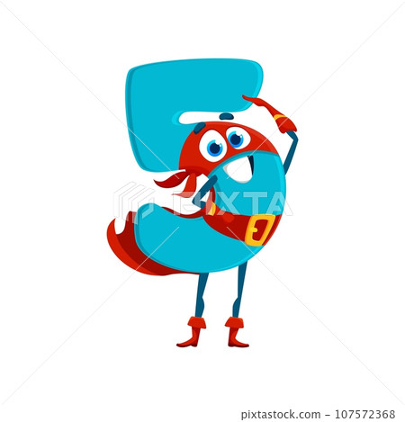Cartoon math number five superhero character. Isolated vector playful and charming digit 5 defender personage exudes confidence and positivity standing with raised arm in defender costume and mask 107572368